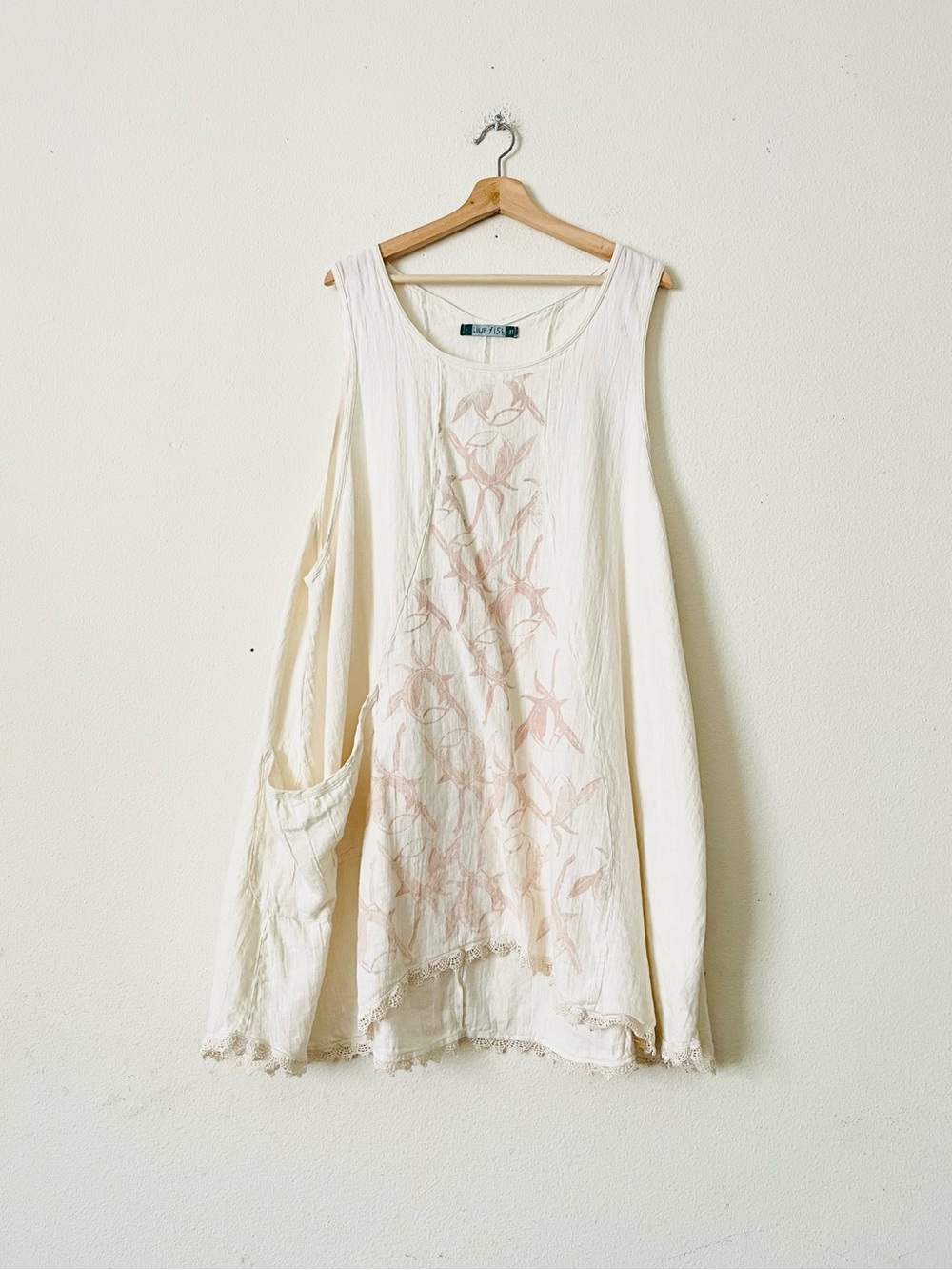 Vintage Blue Fish SIZE 2 cream hand painted sleeveless tank tunic top
